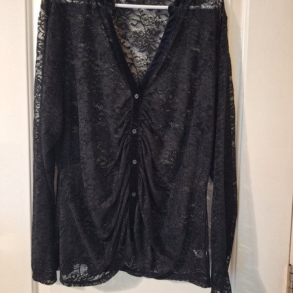 Lane Bryant Black Lace Button Front Top Size 20 Sheer Ruched Blouse Velvet Trim - Picture 7 of 14